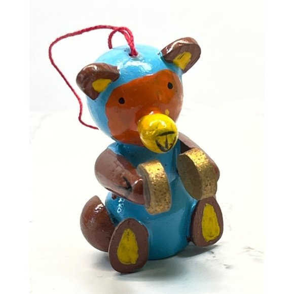 Vintage Teddy Bear with Cymbals Wood Christmas Tree Ornament Handpainted - Picture 5 of 5